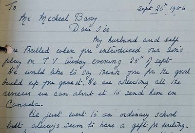 An excerpt from a letter from Mr & Mrs GW Hailey, Arthur Hailey’s parents, to BBC Television’s Head of Drama Michael Barry, the day after the UK transmission of the play. BBC Written Archives