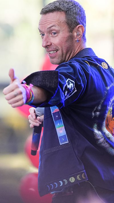 Chris Martin of Coldplay performs on NBC's 'Today' at Rockefeller Plaza on October 08, 2024 in New York City
