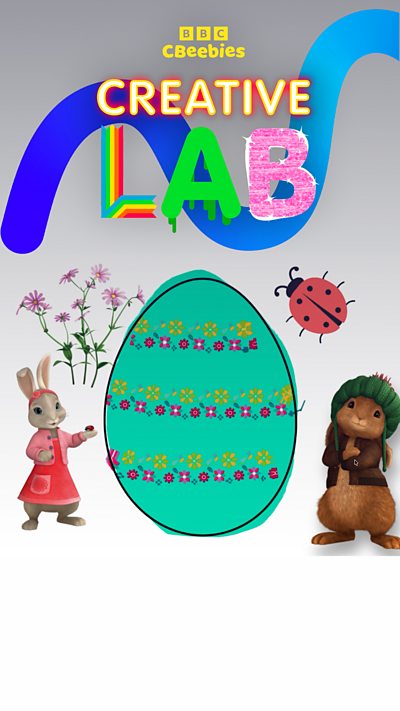 A large green Easter egg with flower pattern stripes, Peter Rabbit cartoon bunny stickers by each side.