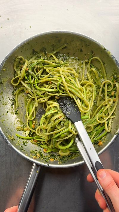 Hazelnut pesto pasta with asparagus