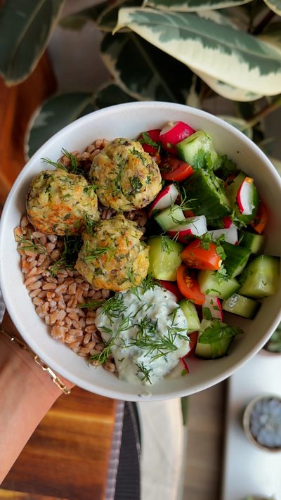 Greek-style turkey meatball grain bowl