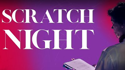 Promotional graphic reading “Scratch Night” in large white text on a purple and pink gradient background, with a person holding a script at the edge of the frame.