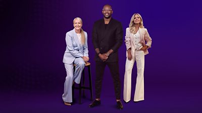 Cut out images of Sonja McLaughlan, Ugo Monye and Sarra Elgan are set against a purple background