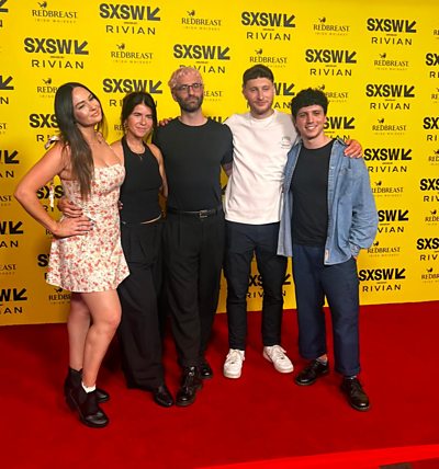 The team behind Jealous People are Ugly People at SXSW Festival in Austin (L - R: Jennifer Monks (Exec producer); Isabel Pritchard Smith (Producer); Theo James Krekis (Writer and Director); Zak Wadley (Actor) and Loris Scarpa (Actor))
