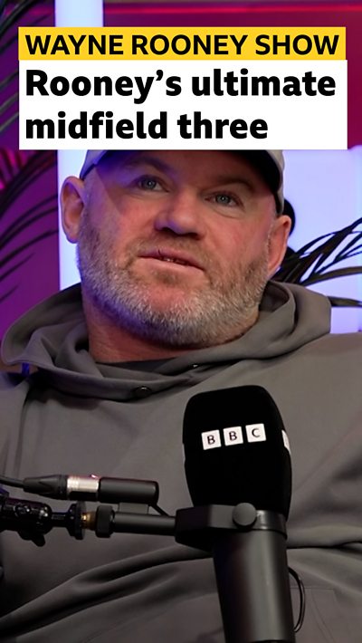 Wayne Rooney looks up at the caption,' Rooney's ultimate midfield three'.