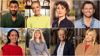 Head and shoulders shots of Adeel Akhtar, Amy Dowden, Harriet Walter, Joe Swash, Katarina Johnson-Thompson, Ruth Madeley, Toby Jones, and Zoe Ball