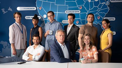 Will Humphries (Hugh Skinner), Emily Fang (Nicole Sadie Sawyerr), Eric Van Dupuytrens (Alexis Michalik), Owen Mitchell (Stephen Kunken), Ian Fletcher (Hugh Bonneville), Nick Castellano (Paulo Costanzo), Phil Plank (Nick Blood), Sarah Campbell (Chelsey Crisp) and Gabriela De La Rosa (Jimena Larraguivel) sit and stand in front of a map of US cities
