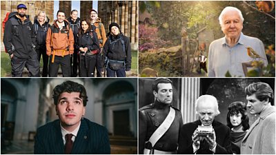 A collage of images of Easter 2026 programming including Pilgrimage, Secret Garden, Doctor Who and Harry Clark goes to Rome