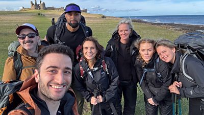 Ashley Blaker, Hasan Al Habib, Ashley Banjo, Jayne Middlemiss, Hermione Norris, Patsy Kensit and Tasha Ghouri smile as they pose together on the coastline