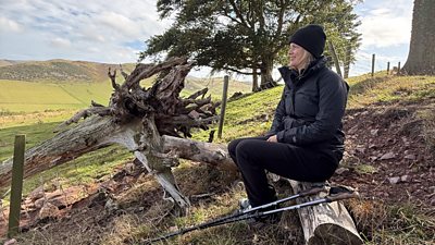 A woman in a black hat and coat sits on a log on a hill, looking out at the fields around her. Walking sticks rest at her side.