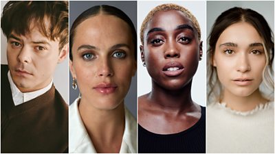 Headshots of actors Charlie Heaton, Jessica Brown Findlay, Lashana Lynch and Lucy Karczewski 