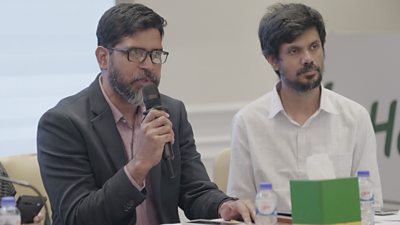 Md. Al Mamun, BBC Media Action’s Bangladesh Country Director, holding his remarks at the event. Beside him sits Rashedul Hasan (R), the media development manager. Photo credit: Sakib Sharif, BBC Media Action 