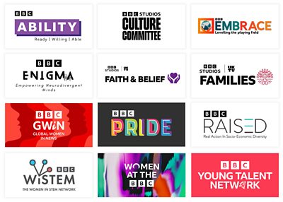 Collage o logos rhwydweithiau staff y BBC [enwau yn y pennawd isod].