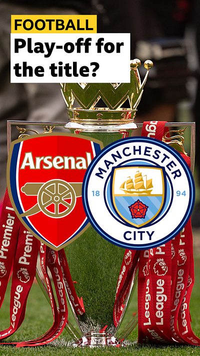 Arsenal and Manchester City badges on top of Premier League trophy