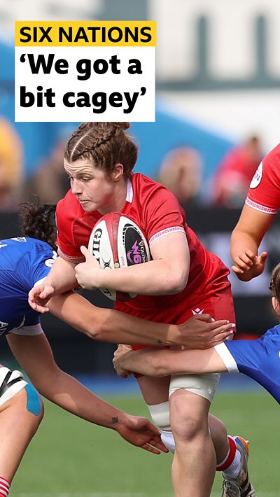 Kate Williams carrying the ball in a tackle along with BBC graphics