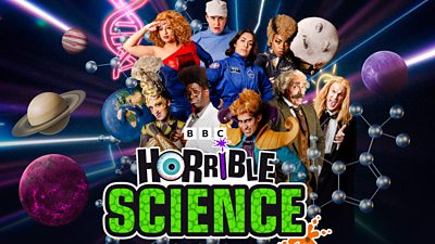 A group of characters including an astronaut, Einstein and a scientist floating through space, with the text BBC Horrible Science overlaid