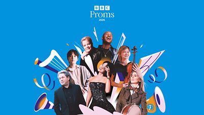 An image with various different Proms performers on a blue background. They are surrounded by images of musical instruments with the BBC Proms 2026 logo at the top