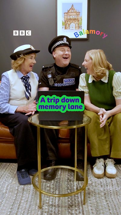 Edie McCredie, PC Plum and Miss Hoolie react to the old episodes of Balamory.
