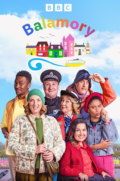 Cast of Balamory pose alongside the new logo for the series.