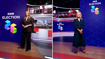 Composite image featuring Laura Kuenssberg and Sophie Raworth in the BBC News studio next to branding for Election 2026. 