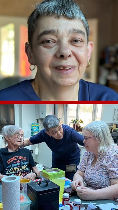 Splitscreen of close up of woman and,below, the woman talking to two other women