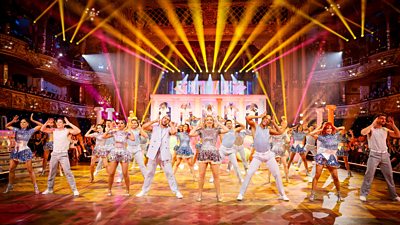 The Strictly professional dancers and 2025 celebrities dance in Blackpool's Tower Ballroom as Steps perform on a raised stage