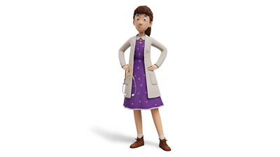An animated woman wearing a white doctors coat, holding a stethoscope and wearing a purple dotty dress