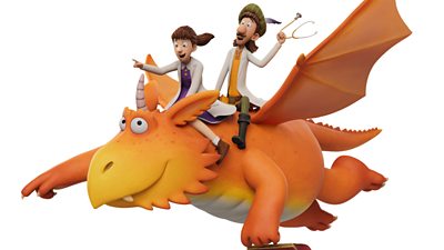 An orange dragon flying with a man and a woman dressed as doctors riding in his back