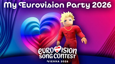 A roblox character wearing red. At the top there is the words My Eurovision Party 2026. There is also the Eurovision Song Contest Vienna 2026 logo