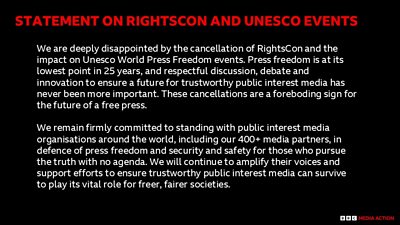 “We are deeply disappointed by the cancellation of RightsCon and the impact on Unesco World Press Freedom events. Press freedom is at its lowest point in 25 years, and respectful discussion, debate and innovation to ensure a future for trustworthy public interest media has never been more important. These cancellations are a foreboding sign for the future of a free press. “We remain firmly committed to standing with public interest media organisations around the world, including our 400+ media partners, in defence of press freedom and security and safety for those who pursue the truth with no agenda. We will continue to amplify their voices and support efforts to ensure trustworthy public interest media can survive to play its vital role for freer, fairer societies.”