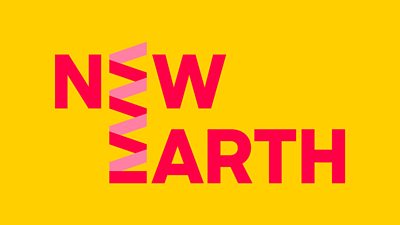 Bright graphic reading “NEW EARTH” in bold pink text on a yellow background.