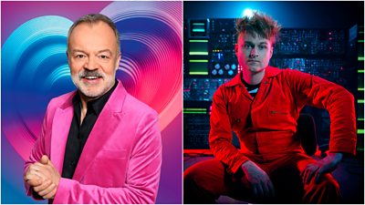 A collage featuring Graham Norton smiling to camera, wearing a bright pink jacket over a black shirt, set against a pulsing blue, pink and purple neon heart. To his right, UK Eurovision act Look Mum No Computer sits on a chain wearing a bright red boiler suit. Behind him, a large machine with neon green lights come to life.
