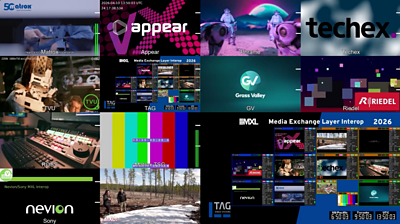 A range of video sources in a grid, each panel of the grid shows a different vendor’s software sending video to a “multiviewer” using MXL.