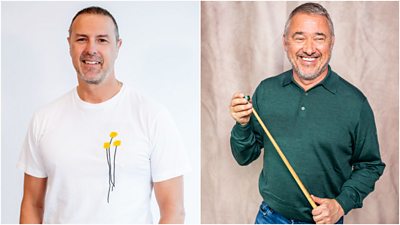 A split image of Paddy McGuinness and Stephen Hendry looking into the camera. Stephen Hendry is holding a snooker cue.