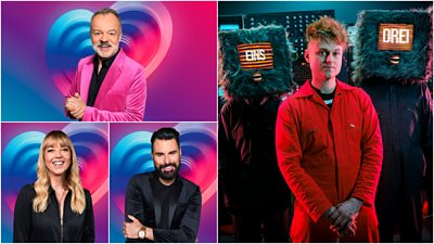 A collage of images featuring Graham Norton, Sara Cox, Rylan and UK Eurovision act LOOK MUM NO COMPUTER