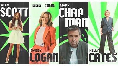 Composite image featuring photos of presenters Kelly Cates, Mark Chapman, Gabby Logan and Alex Scott alongside branding for the BBC and FIFA World Cup 2026. 