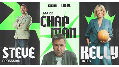 Composite image featuring photos of presenters Steve Crossman, Mark Chapman and Kelly Cates alongside branding for the BBC and FIFA World Cup 2026. 