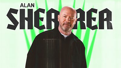 Alan Shearer in front of a white and green backdrop. Bold, black text on the background of the image reads: "Alan Shearer"