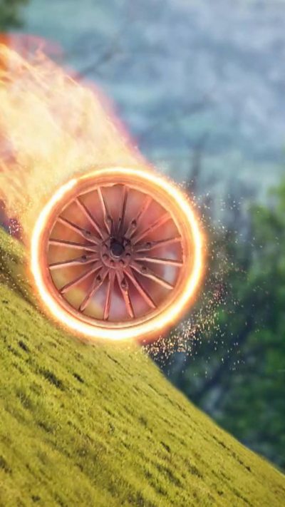 Wooden wheel on fire rolling down a hill.