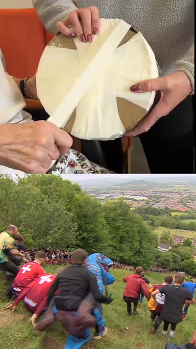 Half the image is people cheese rolling, the other half is the cheese being wrapped.