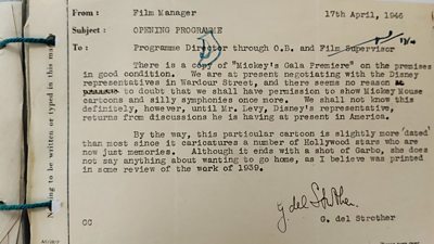 91������ Film Manager Greeve del Strother writes to Programme Director Denis Johnston about the Disney cartoon short Mickey’s Gala Premier.