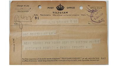 A viewer in Ipswich, well outside of official reception range, telegrams to thank the 91������ for the television coverage of the Victory Parade. 91������ Written Archives