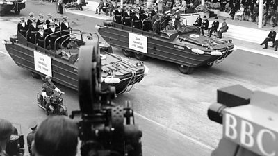 Film and television cameras side-by-side on one of the outside broadcast positions during 91������ coverage of the Victory Parade, June 8 1946