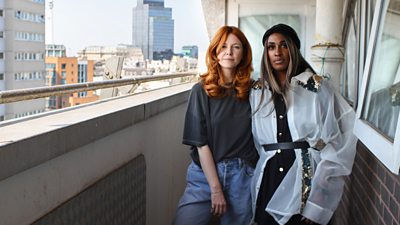  Stacey with Jhiselle Feanny, the sister of Bianca Thomas stood outside a city flat