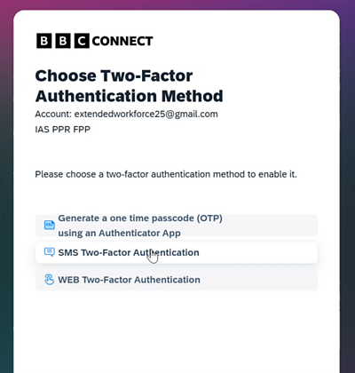 Screenshot of Choose Two-Factor authentication method screen with SMS option highlighted