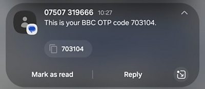 Screenshot of SMS message displaying one time password sent for authentication use
