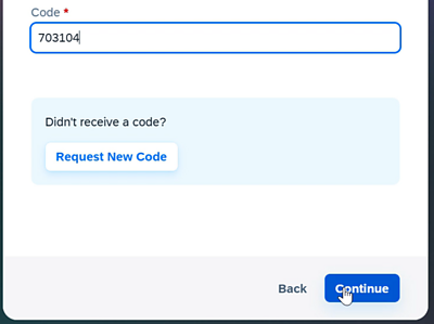 Screenshot showing SMS authentication pass code entered and user clicking continue button