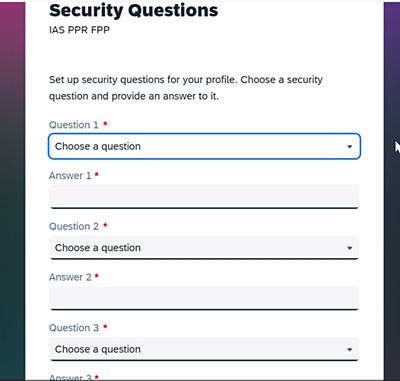 Screenshot displaying BBC Connect Security Questions set up screen