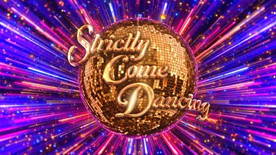 Strictly Come Dancing is written in gold cursive writing on a golden glitter ball, shining rays of pink, purple and navy light out against a glittering background