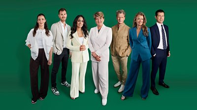 A composite group shot of seven Wimbledon presenters, Laura Robson, Jamie Murray, Isa Guha, Clare Balding, Andrew Castle, Annabel Croft and Tim Henman, standing against a dark green background